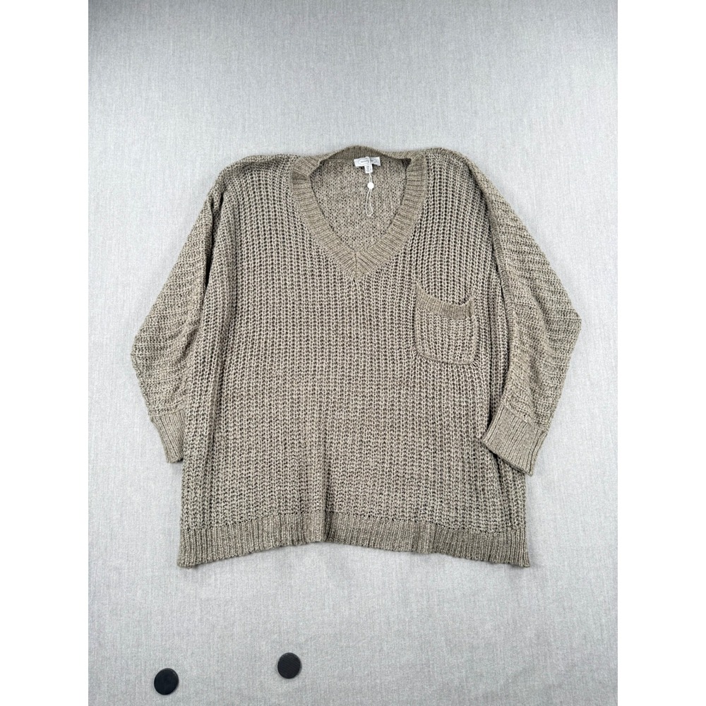 Mud Pie Womens Taupe Open Knit V-Neck Pocket Sweater One Size Brown Relaxed Fit